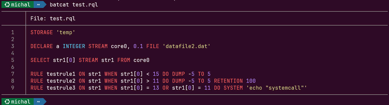View of the batcat test.rql command